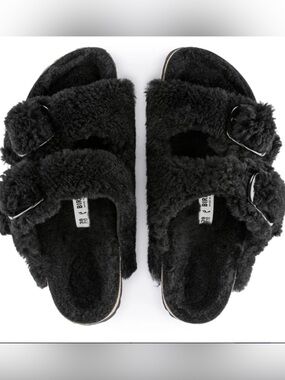Papillio by Birkenstock Women Black Faux-Shearling Double Buckle Slides Size 7